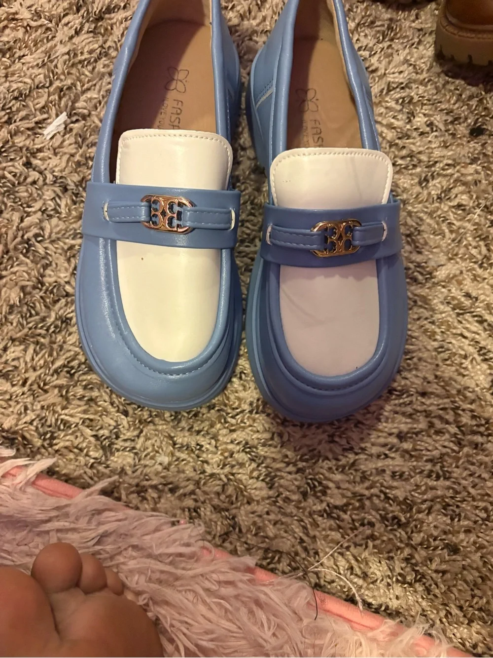 Light Blue and White Loafers with Gold Accent